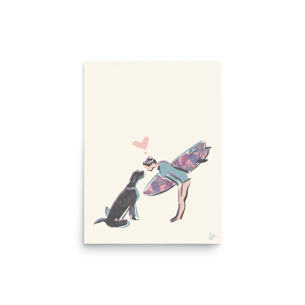 Poster | Surfer Girl and Pup | Sand