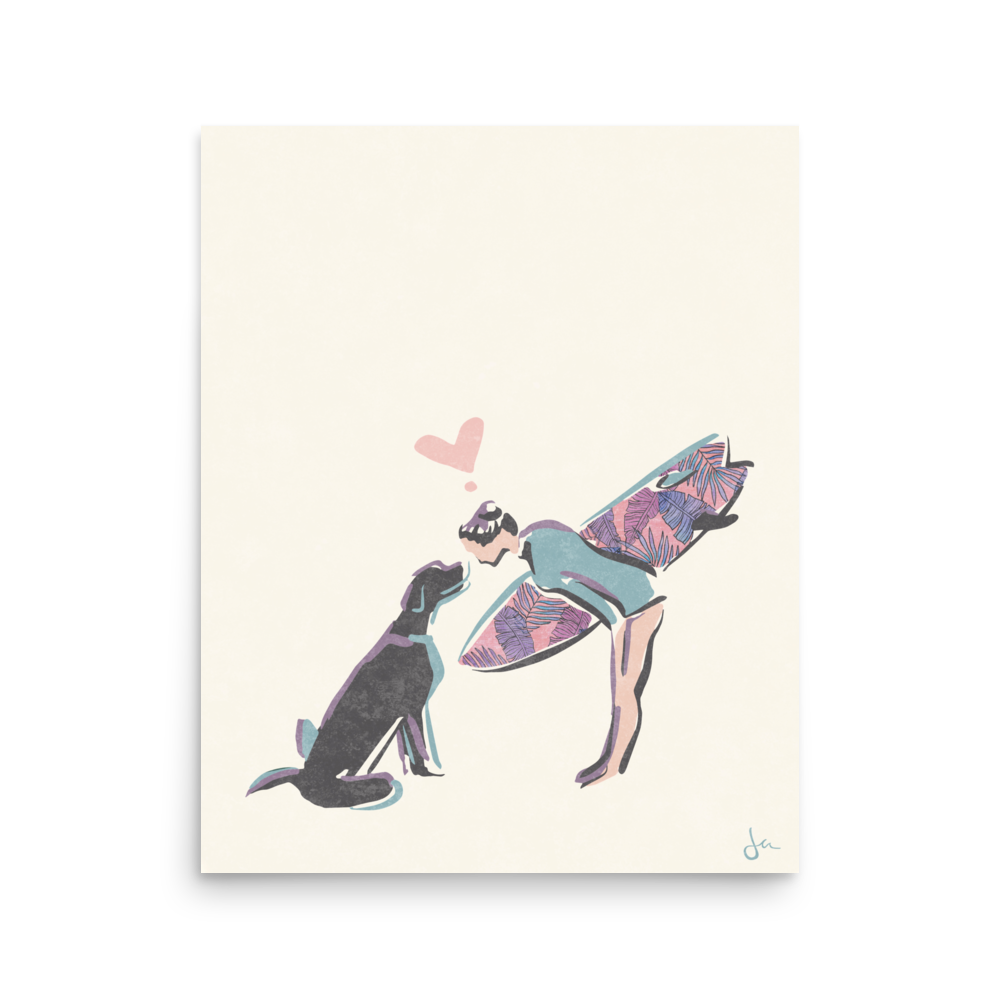 Poster | Surfer Girl and Pup | Sand