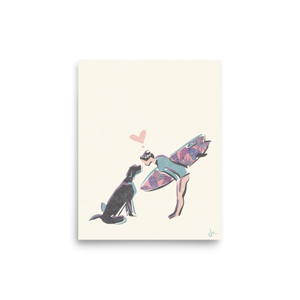 Poster | Surfer Girl and Pup | Sand